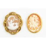 Two cameo brooches, comprising an 18ct gold cameo with classical scene, rope edge border, size