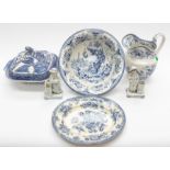 19th century blue & white wash bowl and jug, 19th meat plate and blue & white vegetable tureen