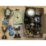 Collection of silver plate, including trophies, tea pots and bowls. Also a selection of car badges