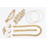 A collection of weighable 9ct gold including bangles, gate bracelets, woven chain, three rings
