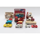 A box of assorted diecast and other model cars and vans to include: Datsun Forklift; Hobby Dax