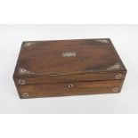 A 19th Century inlaid rosewood rectangular writing box, mother-of-pearl inlaid detailing, opening to