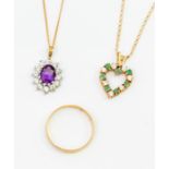An emerald and cubic zirconia set 9ct gold heart pendant and chain, along with 9ct gold amethyst and