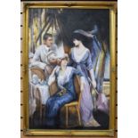 Modern School depicting Edwardian figures having tea beneath palm trees, wicker chairs etc., oil