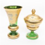 Continental green glass vase and matching pot with cover - gilt over paint with flower detail, early