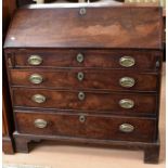 George III burr mahogany bureau, with drop-down writing top above four long drawers, with brass