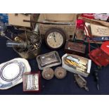 Tin trunk including Triang crane and bakelite clock set (Q)
