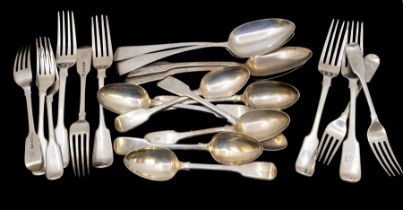 A collection of William IV and Victorian silver Fiddle pattern flatware, all hallmarked London,