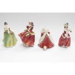 Four Royal Doulton lady figures; Fleur, Daffy-Down-Dilly, Top of the Hill and The Ermine Coat
