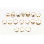 A collection of gold rings to include three 18ct gold rings, two set with diamonds another with