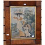 Late 18th century watercolour on silk with woolwork finish of a woman and child, in a wooden frame