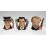 Three Royal Doulton character jugs: Ulysses S. Grant/Robert E. Lee, George Stephenson, and Sir Henry