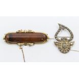 A Victorian lozenge shaped agate/jasper plated brooch, length approx 75mm, with applied scrolled