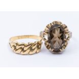 An 18ct gold ring, size O, weight approx 3.4gms (bent); and a 9ct and smoky quartz ring, size O,