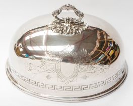 A Victorian style silver plated domed meat dish cover, with ring handle, engraved Greek Key