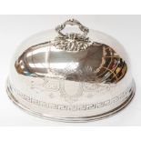 A Victorian style silver plated domed meat dish cover, with ring handle, engraved Greek Key