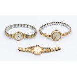 Three vintage ladies watches including two 9ct gold cased watches on later plated straps,