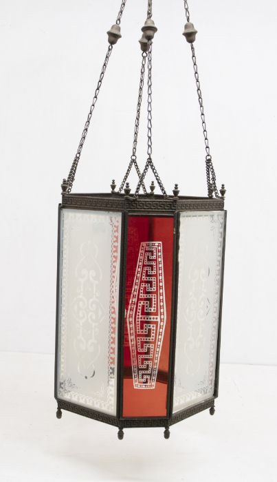 A Victorian style shaped octagonal glass and metal hall lantern, etched clear and ruby glass inserts