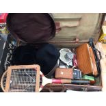 Collection of vintage cases, handbags, vanity items, tennis racket, furs, hats etc