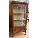 Edwardian mahogany display cabinet with glazed sides, a single drawer, two shelves, and ball-and-