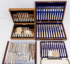 A cased set of six knives and forks, together with cased set fruit knives, plated mother of pearl
