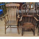 Two 19th Century country kitchen armchairs with scroll arms and turned legs