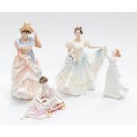 Three Royal Doulton figures of ladies i.e. Sharon, Lindsay, Thinking of You, along with Royal Albert
