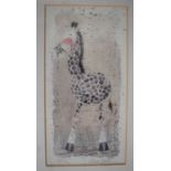 A small group of pictures comprising: a limited edition Alex Clarke print of a giraffe, three framed