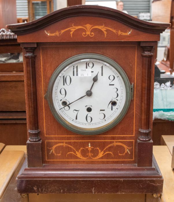 Edwardian mahogany mantle clock with chime, Roman numerals, inlaid case