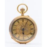 An 18ct ladies pocket watch, gold tone dial with foliate decoration, decorative foliate case with