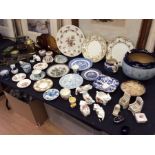 Collection of mixed china wares, including Langley cast-iron stands dressing table dish, brass