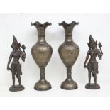 Two Eastern bronzed vases and two Thai bronzed figures, 20th century