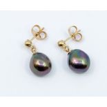 A pair of black/purple cultured pearl drop earrings on 9ct gold beaded tops, length approx 15mm