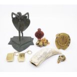 A collectors lot of misc. items to include brass buttons, a cinnabar snuff bottle, a Scrimshaw