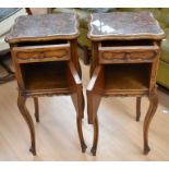 Pair of reproduction continental bedside cabinets with marble tops, a single drawer and a pot