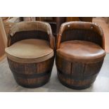 Two 1970s barrel chairs along with mid 20th century lantern standard lamp