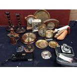 Collection of mixed mantel and alarm clocks, treen items, brass wares etc
