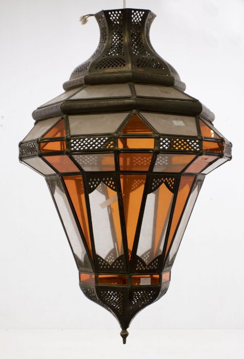 Large ornate brass and glass lantern, 75cm from top to bottom, one panel missing and one broken