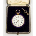 A late 19th century 18ct gold open faced pocket watch, enamel dial with numeral hour markers,