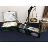 Griffin and George Ltd scales, mid 20th century complete transport first aid kit, and two tins