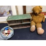 Mid 20th century tin plate dolls house with accessories, along with mid 20th century teddy bear