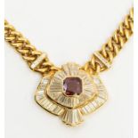 A Gubelin ruby and diamond 18ct gold necklace, comprising a rub over set emerald cut ruby set