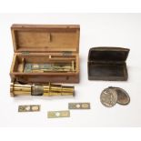 Early 20th century boxed miniature microscope with slides along with 19th century snuff box with
