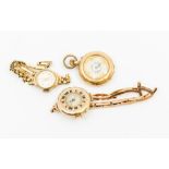 A ladies 14ct gold open faced pocket watch with decorative enamel dial, diameter approx 28mm,