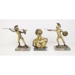 1960s' spelter half-figures of Greek warriors and a Greek goddess on marble bases