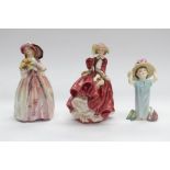 Three Royal Doulton lady figures: Make Believe, Top of the Hill, and June