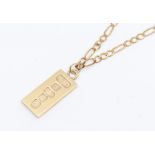 A 9ct gold ingot, Birmingham 1978, length approx 25 x 13mm, on a 9ct gold Figaro chain, length
