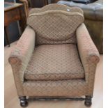 Pair of late Victorian armchairs with an early 20th Century armchair, upholstery worn and damaged on