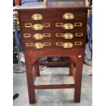 1930s mahogany filing/collectors chest-on-stand with four drawers, brass finger pulls and index
