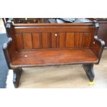 A late 19th century / early 20th century small church pew with large brass carry-handles on the